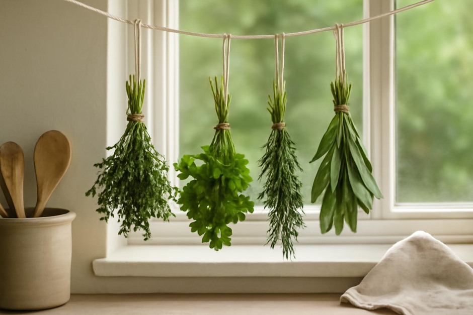 Bundled herbs hanging to dry in a kitchen near a window