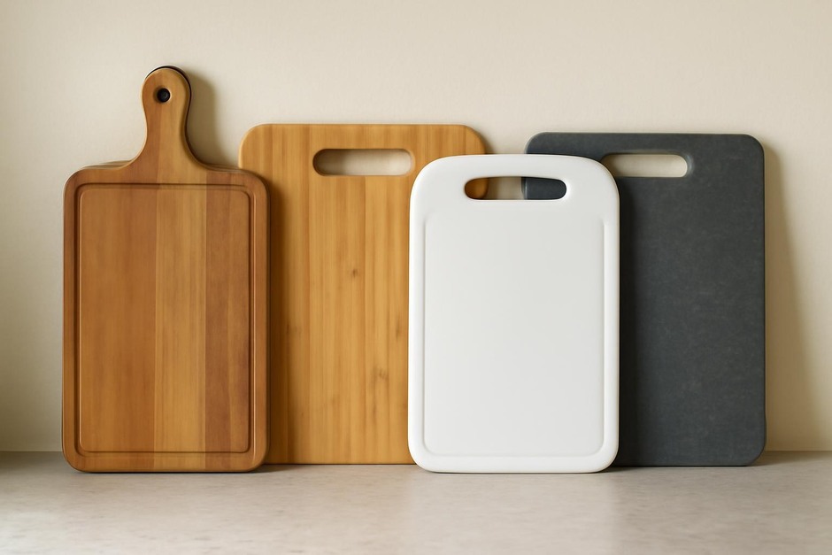Four cutting boards leaning against a kitchen wall: wood, bamboo, plastic, composite