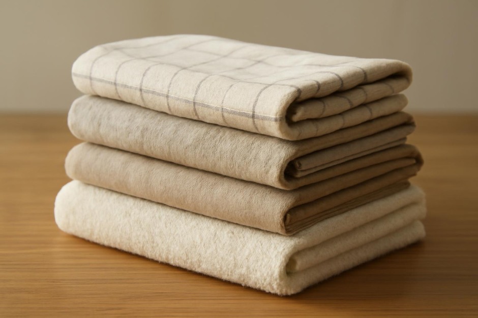 Stack of different kitchen towels in cotton, linen, bamboo, and microfiber