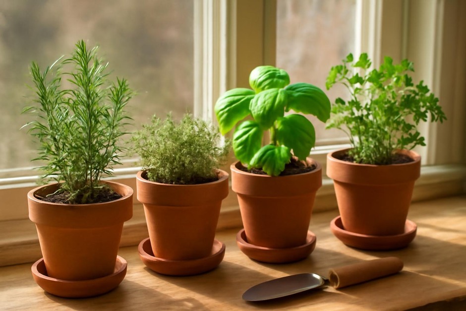 Small pots of winter herbs on a sunny windowsill
