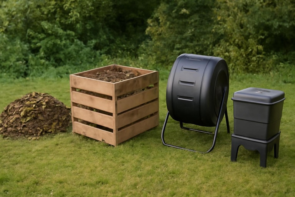 Four types of home compost systems: a garden pile, a wooden bin, a plastic tumbler, and a wormery tray