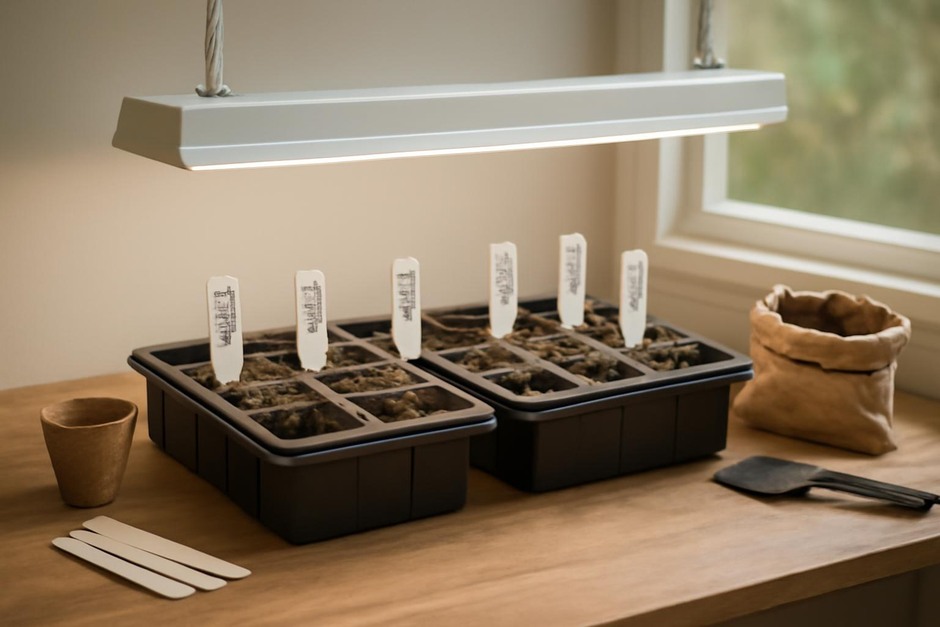 Indoor seed-starting trays with labels and grow lights