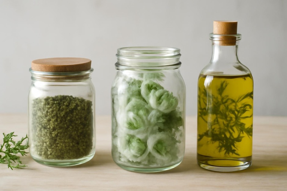 Three jars showing dried herbs, frozen herb ice cubes, and a bottle of infused oil