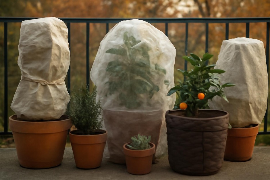 Potted plants grouped on a balcony with insulating wraps and covers as autumn light fades