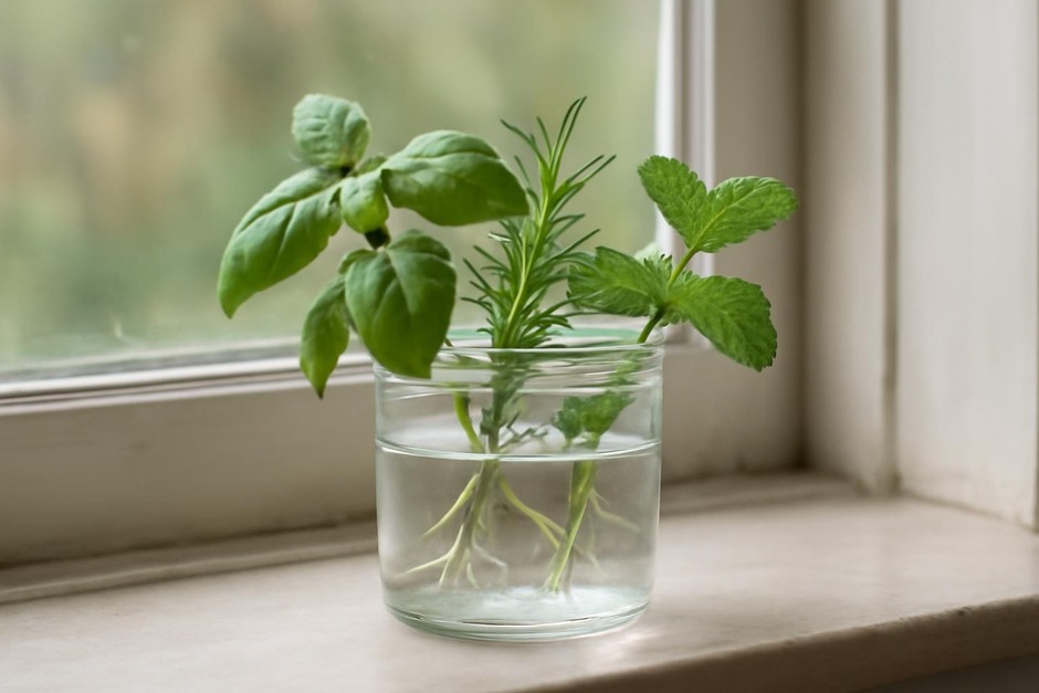 A small glass of herb cuttings rooting in water on a windowsill