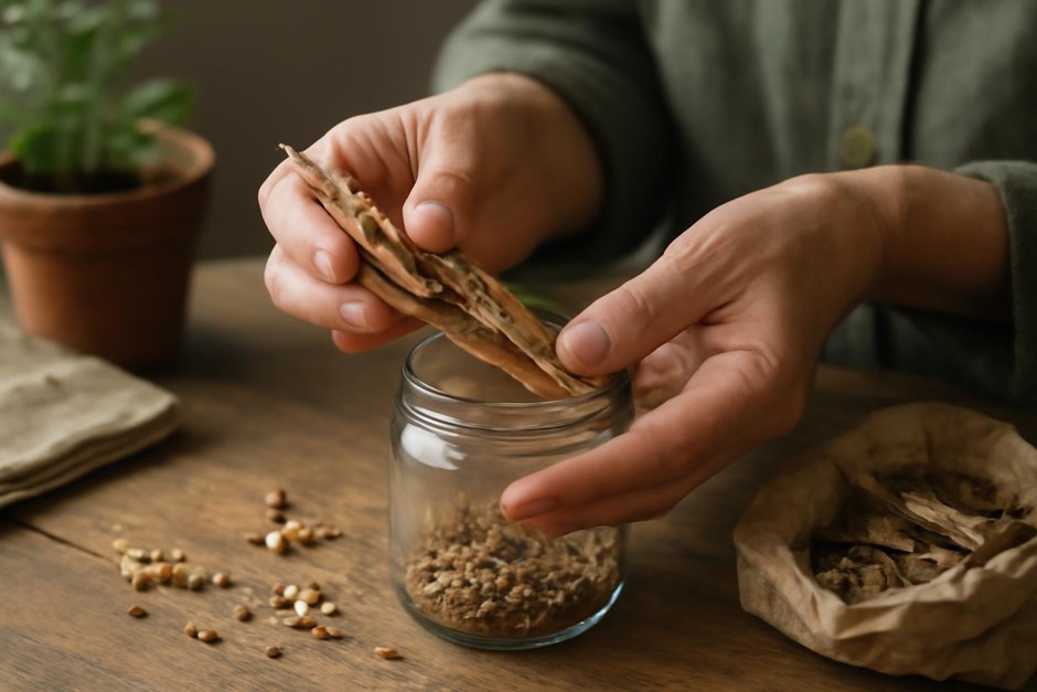 Hands holding dried seed pods over a jar
