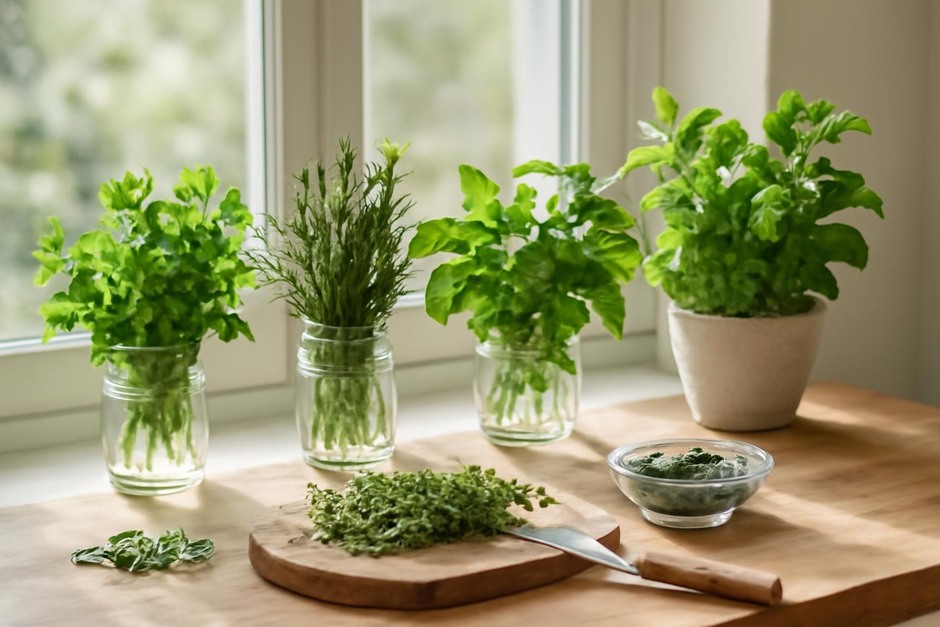 Fresh kitchen herbs on a sunny windowsill