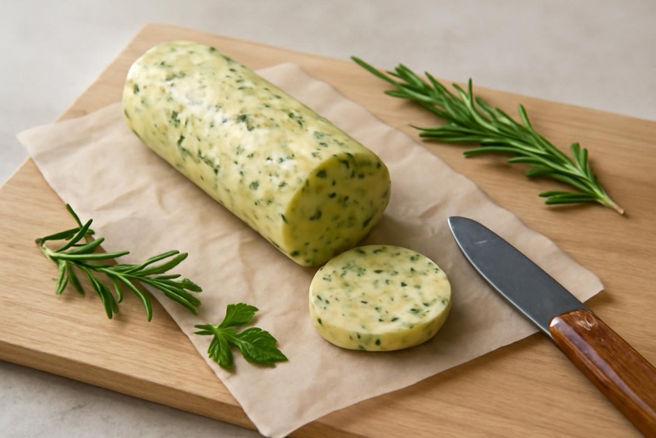 A log of compound butter on parchment with herb sprigs