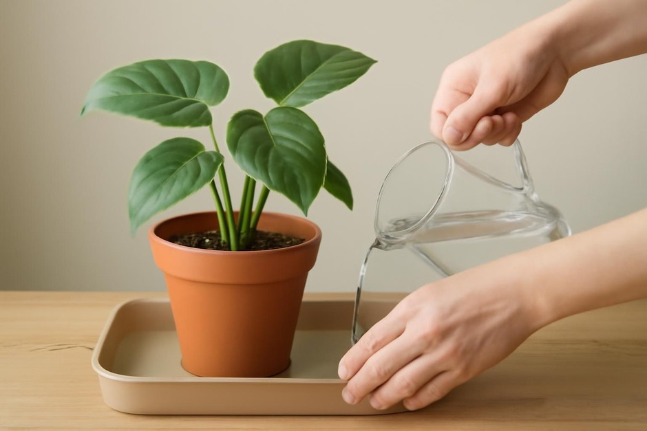 Hands watering a potted plant with water in a tray beneath the pot